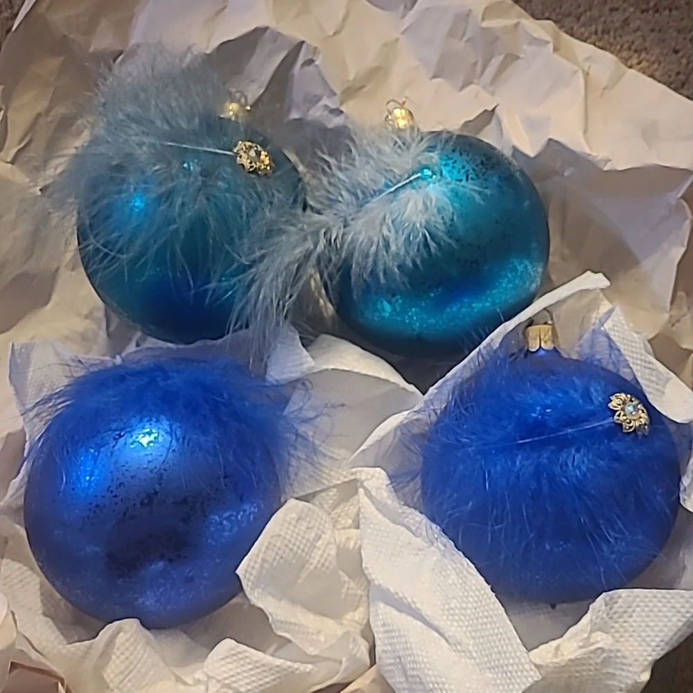 Set of 4 blue fancy whimsical feather decorative ornaments